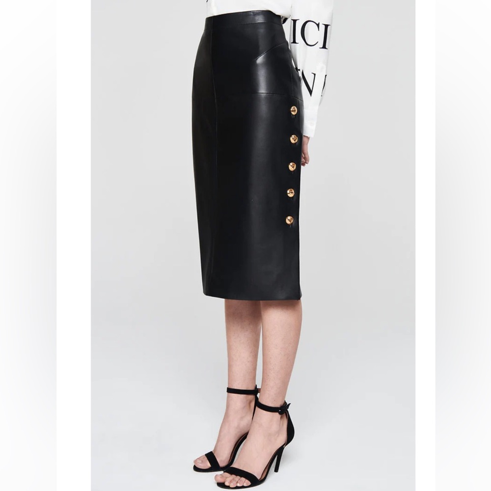 Escada Black Leather Pencil Skirt Gold Buttons